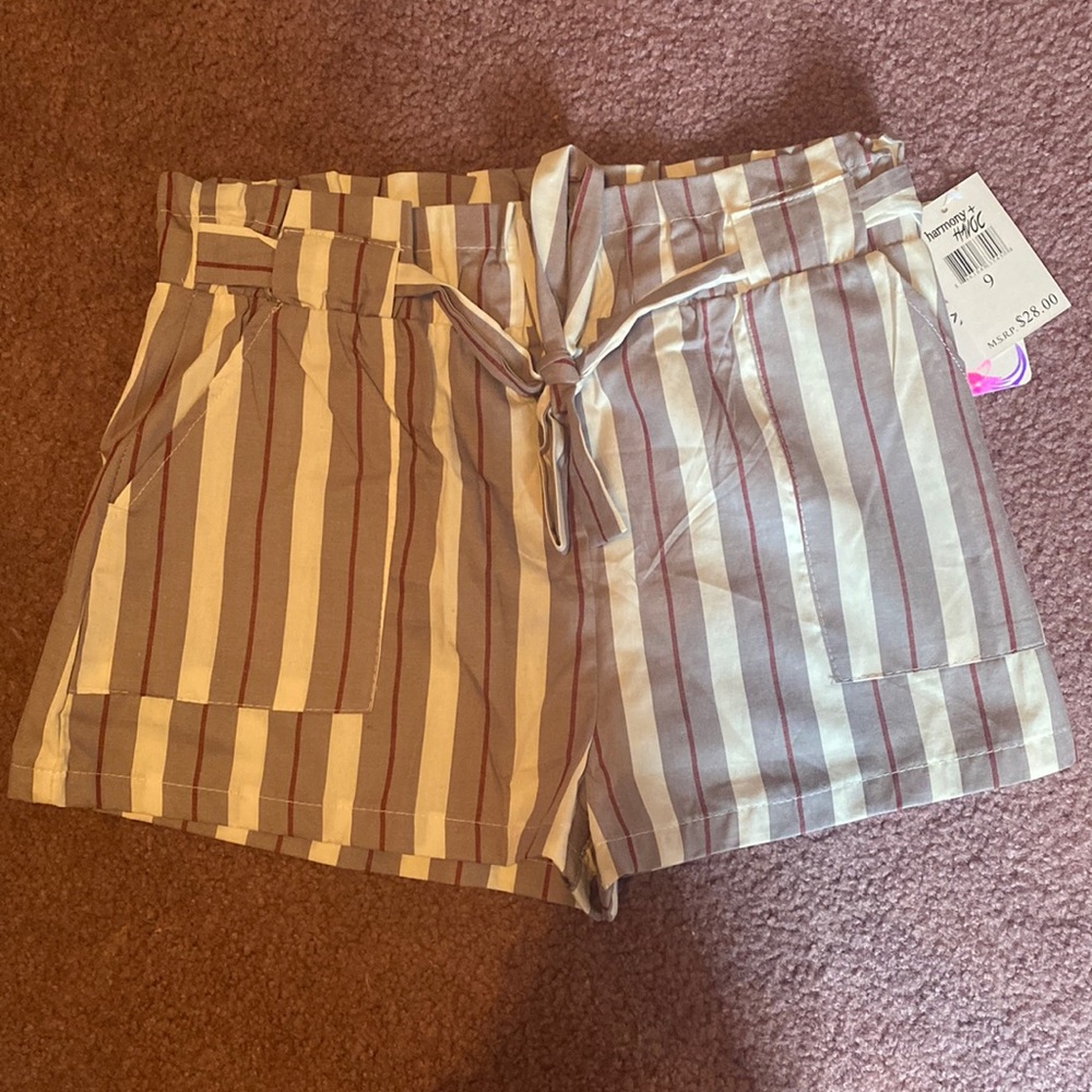 Gray, white and red striped shorts